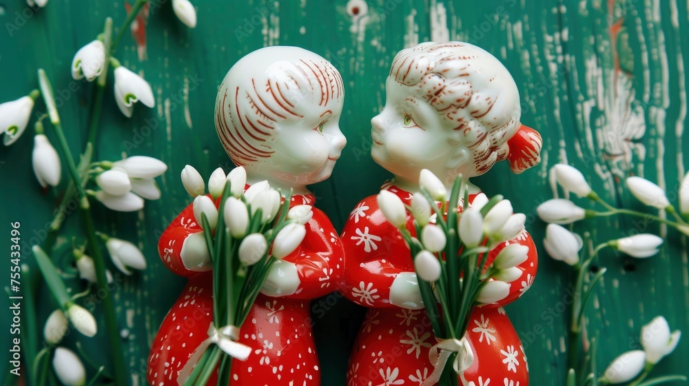 A Boy and a Girl Holding Bouquets of Snowdrop Flowers, Embracing the Martenitsa Tradition on March 1st.