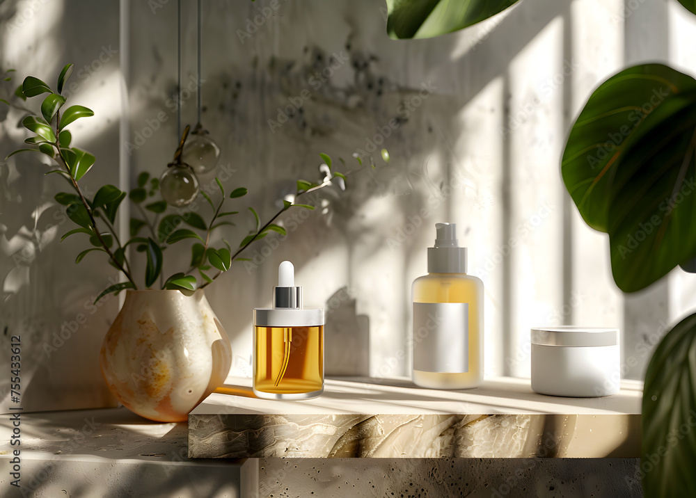 Natural beauty products displayed on a wooden shelf with a vase of greenery in the background. Natural beauty products displayed on a wooden shelf with a vase of greenery in the background.