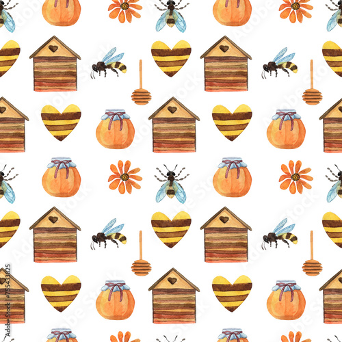 Seamless pattern of watercolors bee theme, insect bee, honey, beehive, honey spoon, beehive © Дарья Артемова