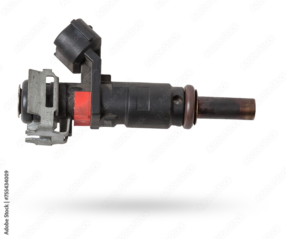 Close-up on a car fuel injector for supplying gasoline to cylinder engine on a white isolated background. Spare parts catalog.
