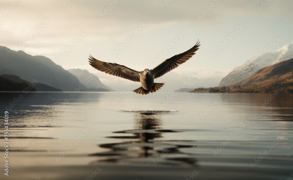 Bird flies low across still lake

