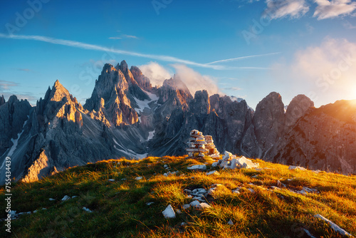 Famous rocky massif Cadini di Misurina range in National Park Tre Cime di Lavaredo. Sexten Dolomiti, South Tyrol, Europe.