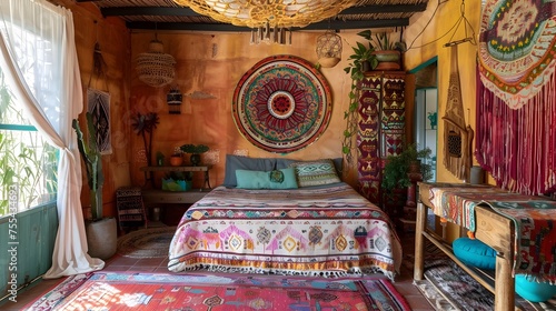 Bohemian Bedroom Oasis with Colorful Tapestries and Intricate Patterns photo