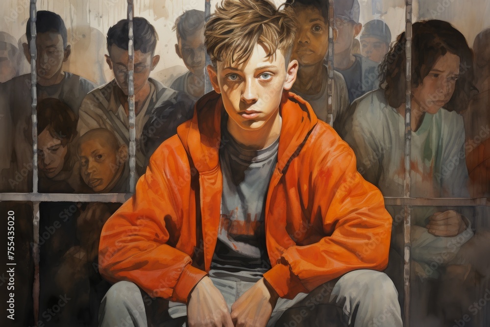 Portrait of a young man in an orange jacket in a prison, a portrait of juvenile delinquency due to promiscuity