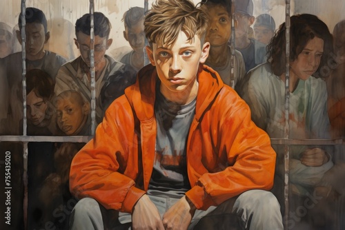 Portrait of a young man in an orange jacket in a prison, a portrait of juvenile delinquency due to promiscuity photo