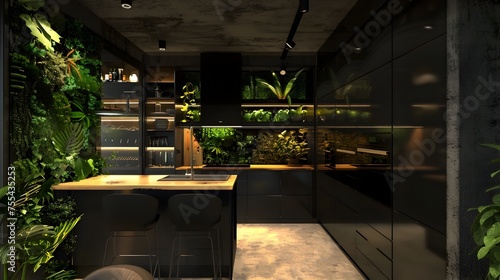 Stylish Dark Cabinetry Kitchen with Vertical Garden and Ambient Lighting in Industrial Perspective