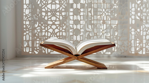 A wooden stand with an open holy Quran