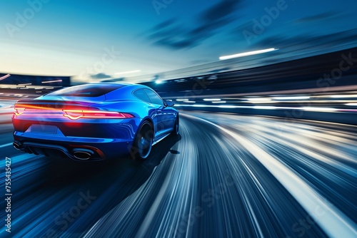 a blue sports car driving on a road