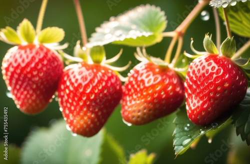 Close-up of ripe strawberries and strawberry flowers with water drops on bushes in the garden. Harvest on a strawberry bed. Juicy berries on a fruit plantation