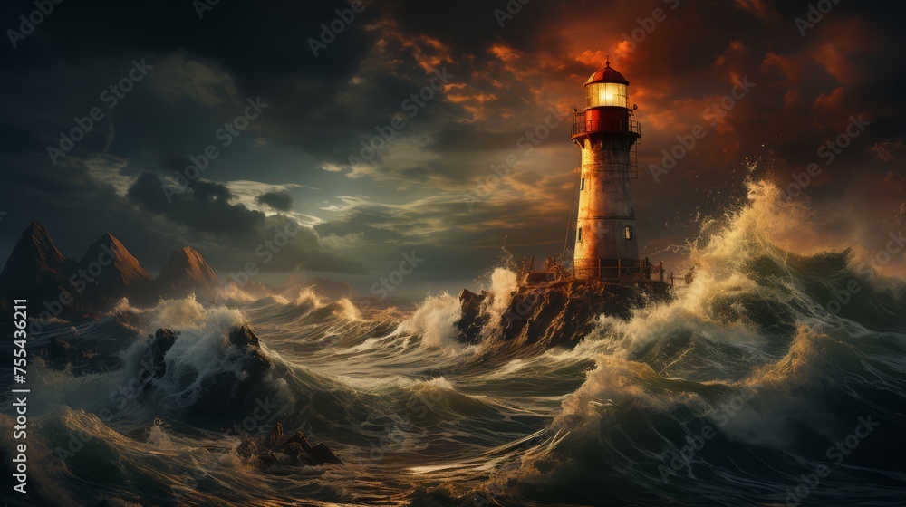 A lighthouse shining over tumultuous financial waters, symbolizing guidance