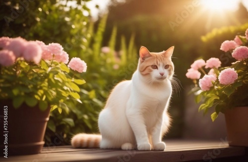 Cat in the garden, red cat near flowers