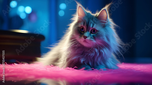 Long-haired cat's portrait with cyano and magenta lights.. Different poses and expressions of a cat in colorful bright neon lights blue and red. photo