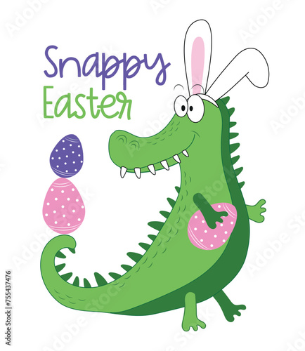 Born to hunt - funny alligator in bunny ears  with Easter eggs. good for greeting crad  poster  T shirt print  label and other gifts design.