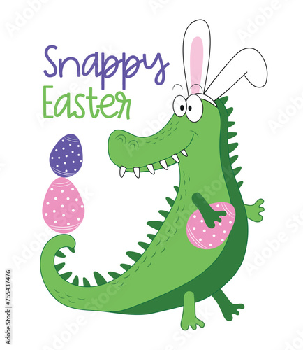 Born to hunt - funny alligator in bunny ears, with Easter eggs. good for greeting crad, poster, T shirt print, label and other gifts design.