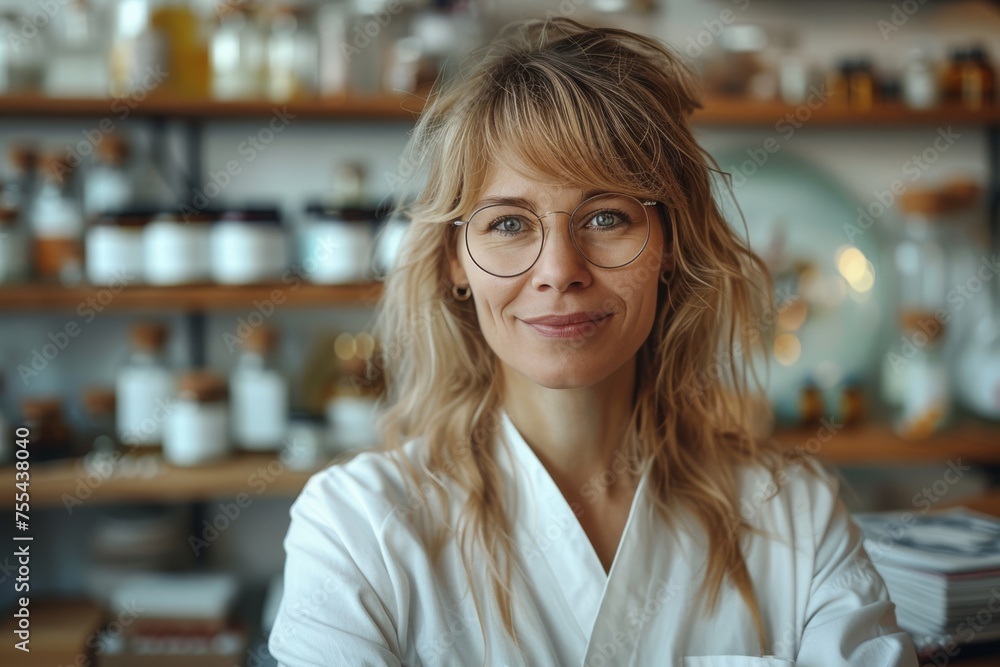 Portrait of pretty 40-year female doctor of homeopathy in glasses and white medical gown in a cozy medical office, blurred shelves stacked with vials and jars of homeopathic remedies on a background Portrait of pretty 40-year female doctor of homeopathy in glasses and white medical gown in a cozy medical office, blurred shelves stacked with vials and jars of homeopathic remedies on a background
