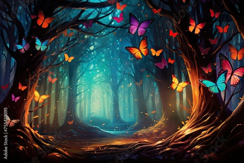 Tranquility Among Radiant Butterflies: Enchanted Forest Bliss