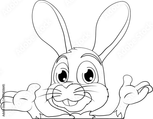 An Easter bunny rabbit cartoon character peeking around a sign