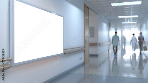 front view big white blank empty advertising mockup for advertising at hospital with blur people in motion