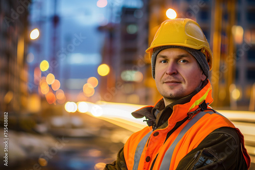 Portrait of a construction worker, blurred lights of a construction site in the background. Long exposure, bokeh. Created with Generative AI technology.