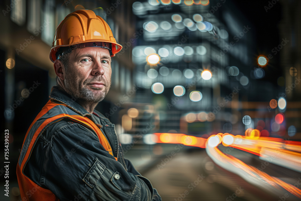 Portrait of a construction worker, blurred lights of a construction site in the background. Long exposure, bokeh. Created with Generative AI technology. Portrait of a construction worker, blurred lights of a construction site in the background. Long exposure, bokeh. Created with Generative AI technology.