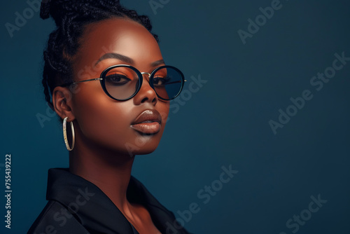 Photo of a model on a minimalistic background, a charismatic modern young African American woman wearing glasses