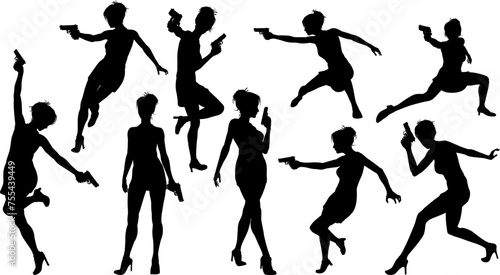 A set of action hero female movie star women in silhouette. Woman in a hitman, spy or secret agent detective type role holding a hand gun.