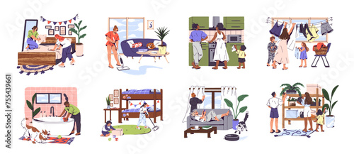 Family cleaning home together set. Kids help parents to do cleanup. People washing floor, bath, hanging laundry, cooking, watering houseplants. Housework flat isolated vector illustration on white