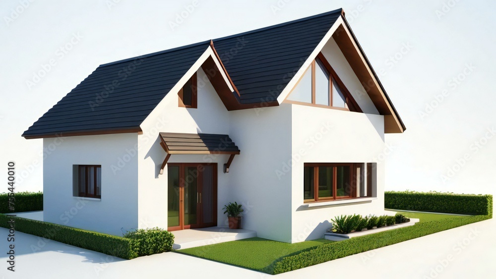 Modern suburban house with a white facade, gable roof, and green lawn on a sunny day. Modern suburban house with a white facade, gable roof, and green lawn on a sunny day.