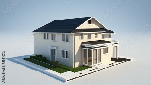 Modern house with solar panels on a white background, showcasing sustainable energy. © Samsul Alam