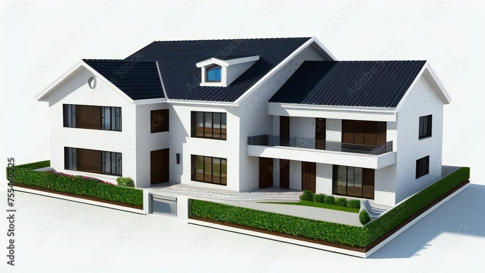 Modern two-story house with solar panels on a white background.