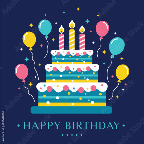 Happy birthday cake with balloons flat design illustration