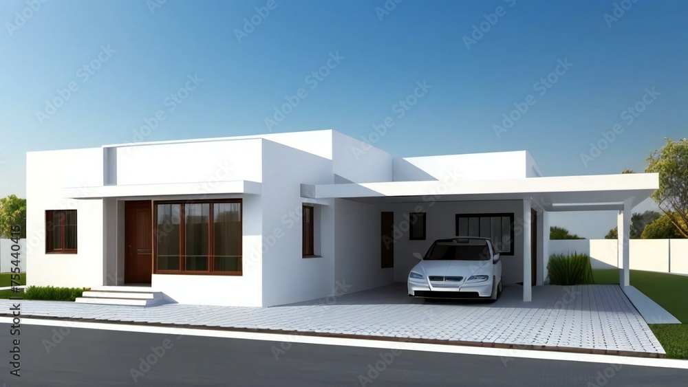 Modern white house with clean lines, large windows, and a car parked in the driveway, under a clear blue sky.