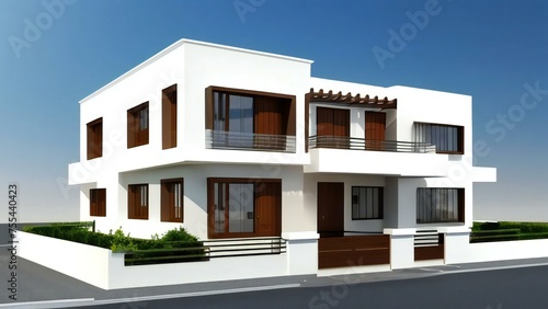 Modern two-story house with balconies and large windows, isolated on a white background with a clear sky. © home 3d