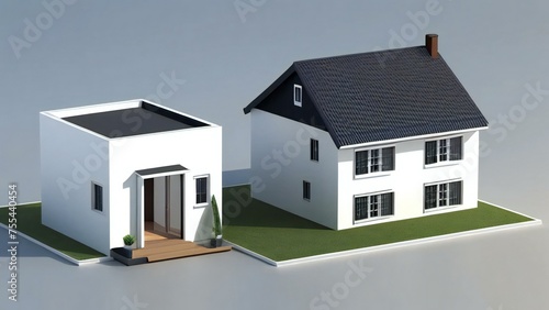 3D rendering of two modern houses with contrasting architectural styles on a neutral background. © Samsul Alam