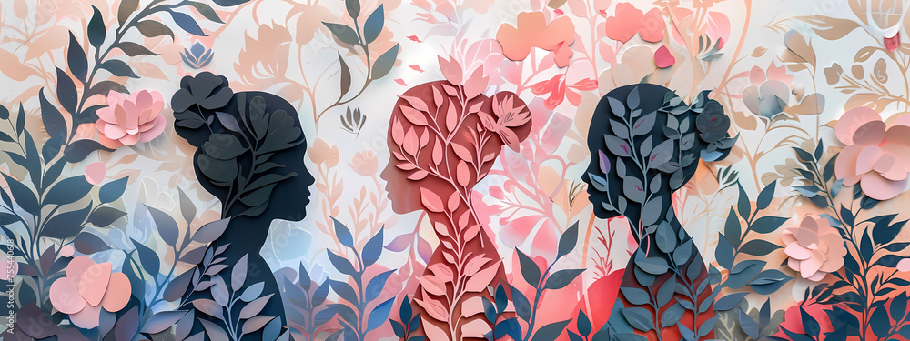 Naklejka premium Floral Whisper: Papercut Silhouettes Against Time