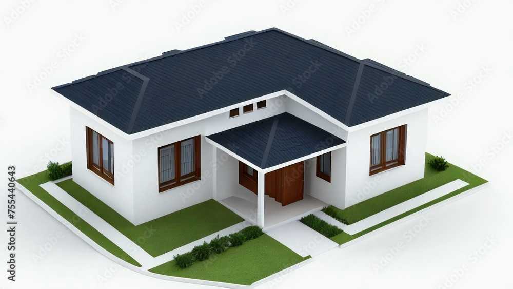 Modern single-story house with a dark roof and white walls, featuring a green lawn on an isolated white background.