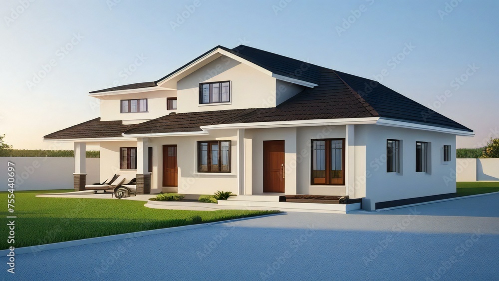 Modern two-story house with a white facade, large windows, and a green lawn at twilight. Modern two-story house with a white facade, large windows, and a green lawn at twilight.