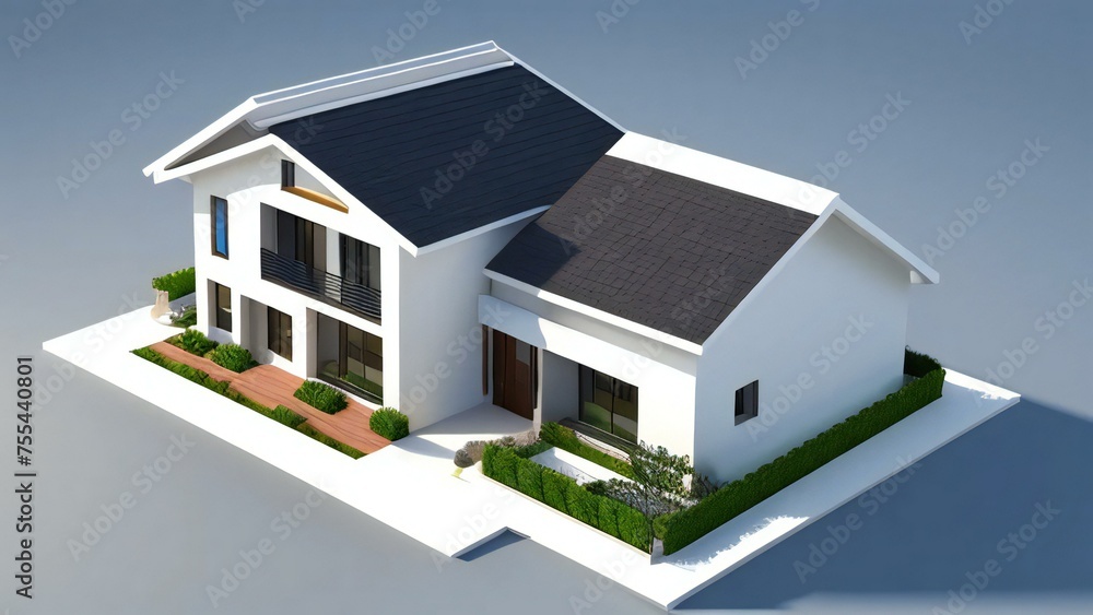 Modern two-story house with a dark roof and white walls, featuring a minimalist design and landscaping, isolated on a light background. Modern two-story house with a dark roof and white walls, featuring a minimalist design and landscaping, isolated on a light background.