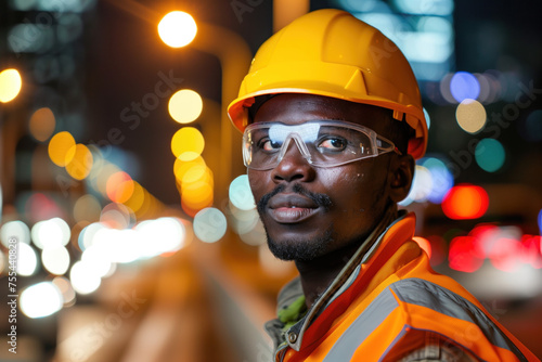 Portrait of a construction worker, blurred lights of a construction site in the background. Long exposure, bokeh. Created with Generative AI technology.