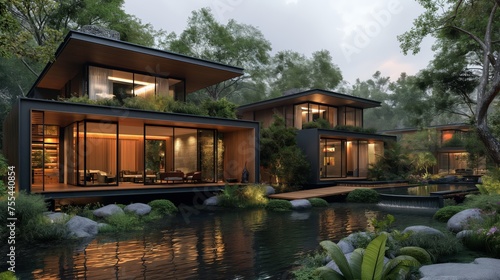 Sustainable living community with smart homes, shared resources, and green spaces. © KN Studio
