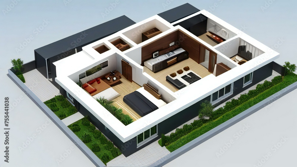 Modern house 3D plan, featuring an open layout with living spaces, bedrooms, and garden. Modern house 3D plan, featuring an open layout with living spaces, bedrooms, and garden.