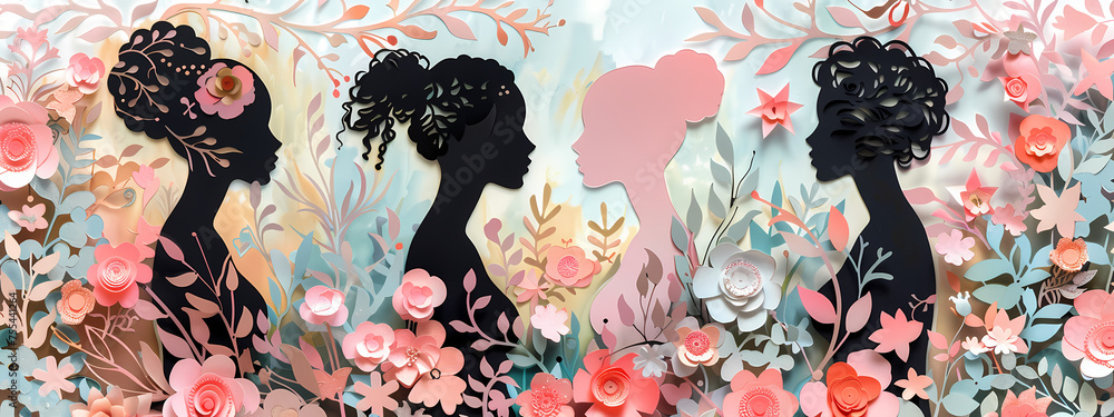 Fototapeta premium Floral Whisper: Papercut Silhouettes Against Time