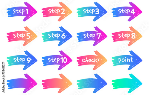 Steps 1 to 10 number icons with handwritten arrow design (bright gradient)