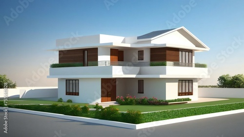 Modern two-story house with white walls, large windows, and a flat roof, set against a clear sky. © home 3d