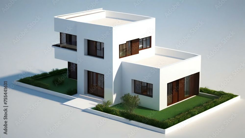 Modern minimalist white house with large windows on a landscaped lawn, isolated on a light background.