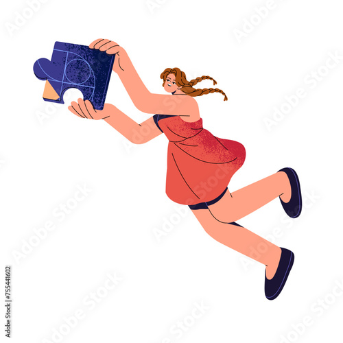 Happy girl holds puzzle piece, jumps, flying in air. Young woman carries jigsaw in hands. Character offers part of solution, gives creative idea. Flat isolated vector illustration on white background