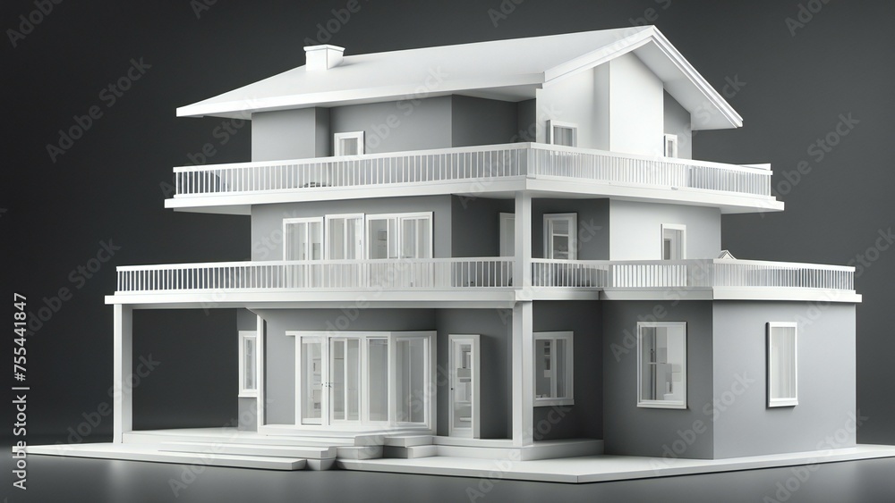 3D rendering of a modern two-story house model with balconies on a gray background. 3D rendering of a modern two-story house model with balconies on a gray background.