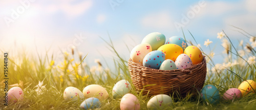 Small basket with many colored and painted Easter Eggs put in the grass with a very sunny day and a blurry background