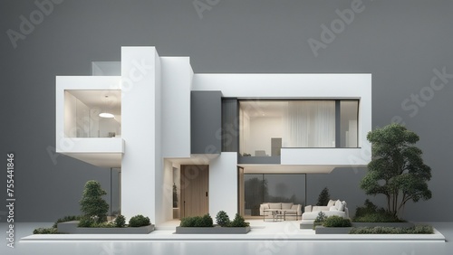 Modern architectural model of a white minimalist house with clean lines and green landscaping.