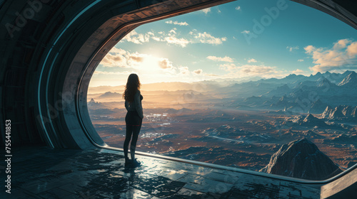 Standing up Woman with long hair contemplating the sunrise of an unknown desolated world behind a large window inside a spaceship